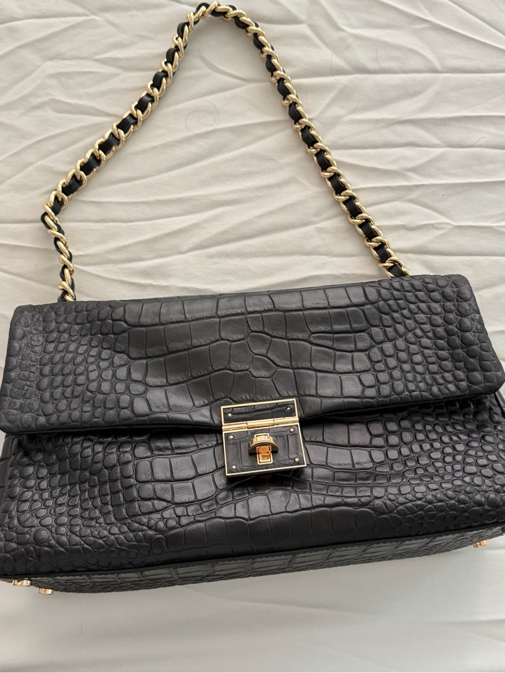 Black Croc-Embossed Chain Shoulder Bag